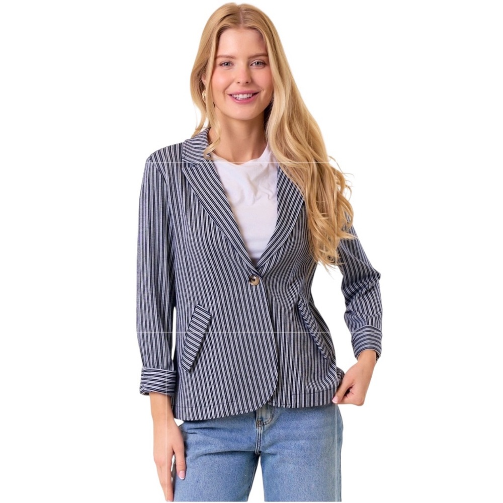 Doe & Rae 1X Roll-up Sleeve One-Button Ribbed Blazer NWOT Navy/White